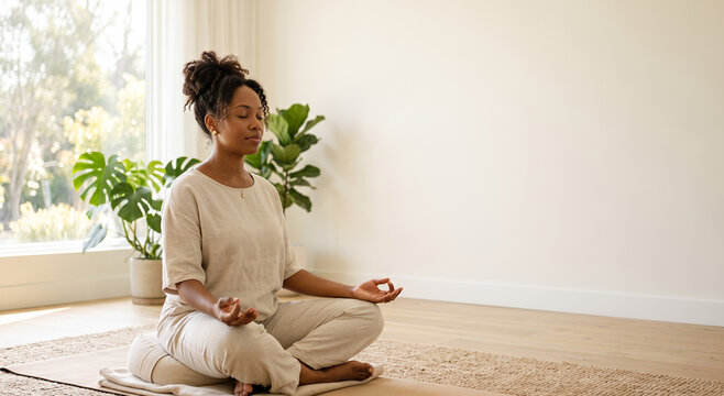 Woman meditating in lotus pose in serene sunlit room