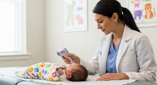 Doctor checking baby's temperature with thermometer in medical setting