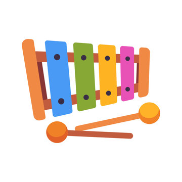 Toy xylophone with multicolored bars, wooden frame, two mallets, and simple percussion layout, musical play instrument for learning, rhythm, and childhood design, colorful illustration