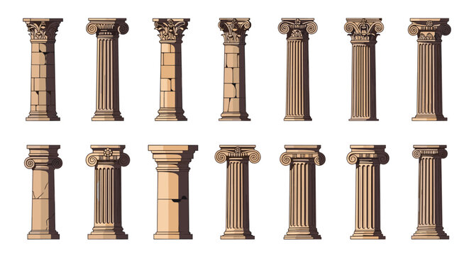 Collection of classic architectural columns and stone pillars in various ancient Greek and Roman design styles.