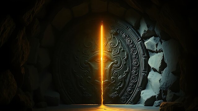 A heavy stone cave door with intricate patterns and golden light through a central crack.