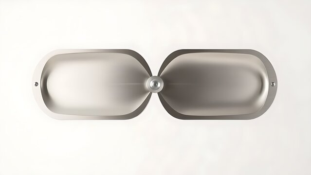 Symmetrical curved metal plates retracting from center, minimalist industrial design.
