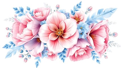 Fototapeta premium Vintage-style watercolor bouquet with pink and blue flowers and delicate feathers, isolated on white.
