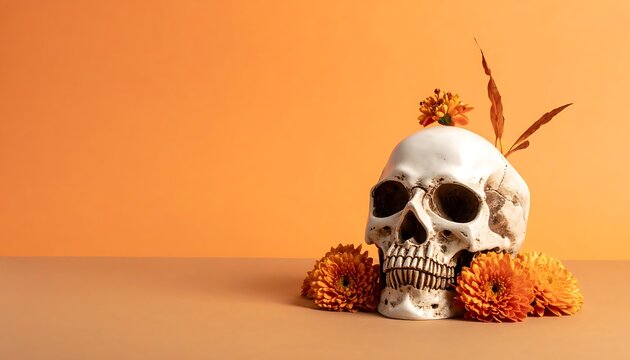 Decorated skull with marigold flowers and dried grass, day of the dead, vibrant orange background, conceptual