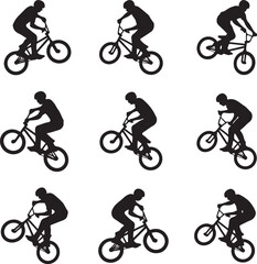 Obraz premium BMX bike rider silhouettes, set of 9 extreme sports bicycle stunts, black mountain bike cycling icons, urban freestyle biking vector graphics