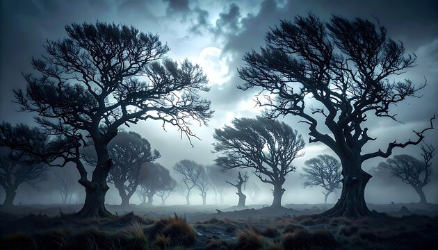 Eerie pixelated landscape with silhouetted gnarled trees under a stormy, misty moonlit sky, atmospheric, mysterious, digital art