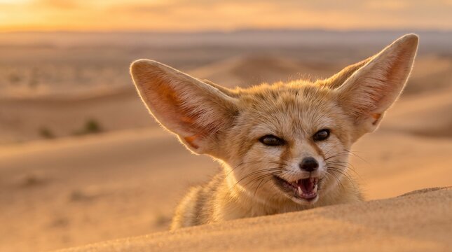 Fennec Fox in Desert Landscape at Sunset with Golden Light