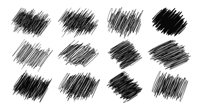 Collection of twelve diverse black ink scribble patches showing hand-drawn chaotic pen textures on a plain white background.