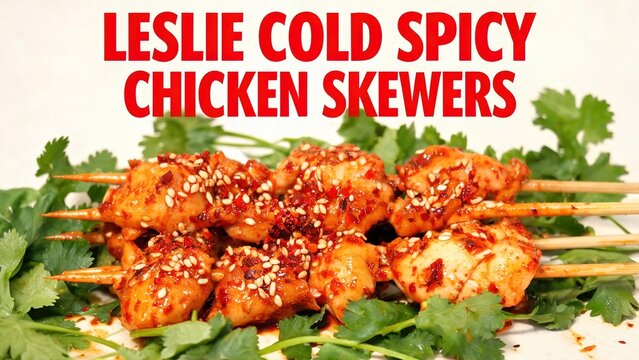 Leslie Cold Spicy Marinated Chicken Skewers Rested on Fresh Cilantro Leaves, Spicy Chili Glazed Chicken Balls on Wooden Skewers Garnished with Sesame and Chili Flakes, White Flat Background Chinese Co