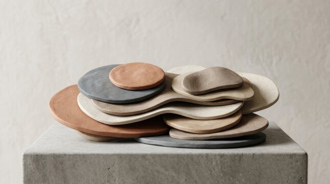 A collection of ceramic plates in various colors and textures, stacked on a concrete pedestal in a minimalist setting.