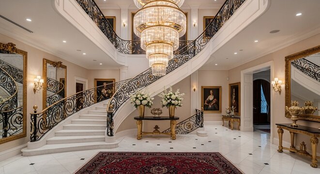 Luxurious Foyer with Grand Staircase and Chandelier