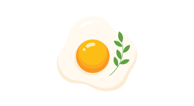 Simple cartoon illustration of a fried egg with a bright yellow yolk and a green herb sprig on the side.