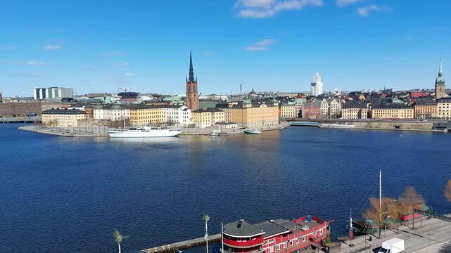 Stockholm skyline in Sweden showcasing Scandinavian architecture and the historic Gamla Stan, featuring medieval buildings, narrow cobblestone streets, and a picturesque cityscape.