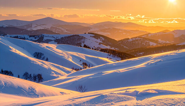 Snowy mountain landscape with rolling hills and sunset