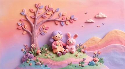 Fototapeta premium Two children, one girl and one rabbit, sitting on a hill with a tree and flowers, under a colorful sky with clouds and birds.