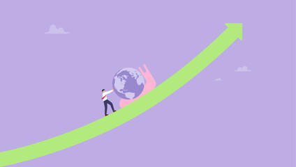 Businessman pushing slow snail with the earth on GDP growing arrow metaphor of world economy. Global economic slowdown, world GDP growth decline or sluggish, recession or growth slowing down concept. © yedsgn