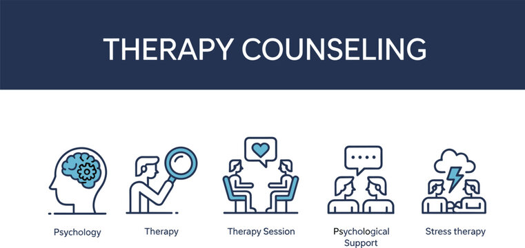 Therapy counseling icon set featuring psychology mental health support stress therapy group discussion and professional session vectors