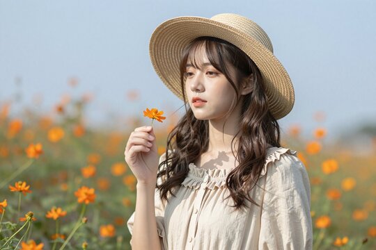 A woman in a straw hat standing in a field of flowers