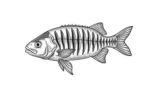 Detailed engraving of a fish anatomy showing its internal skeletal structure with ribs and vertebral column.