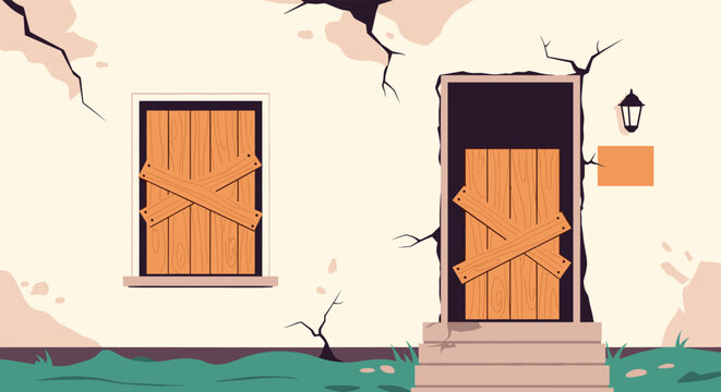Exterior view of a neglected and abandoned house with cracked walls, a boarded up window, and a locked wooden door.