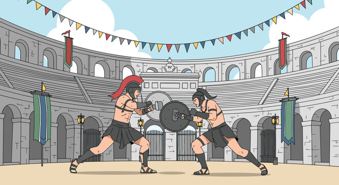 Illustrated scene of two ancient Roman gladiators fighting with swords and shields inside a crowded colosseum arena.