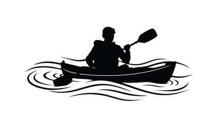 Kayaking silhouette vector, man paddling a kayak on water ripples, black and white outdoor adventure sports illustration for logo design © AjmiraKhatun