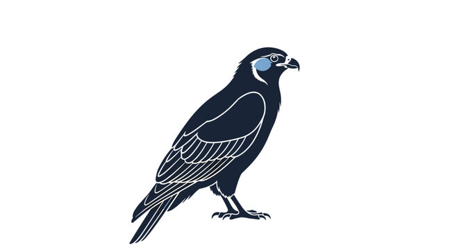 Majestic falcon or hawk bird of prey standing proudly, presented in a dark blue flat vector illustration.