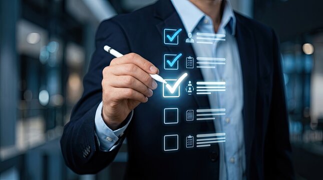 Businessman ticking a checkbox on a digital checklist for project management and compliance.