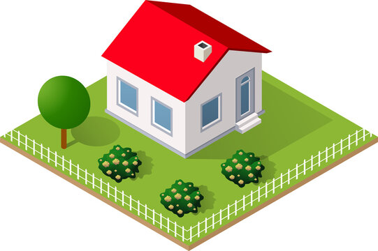 Isometric countryside house with garden and farmland