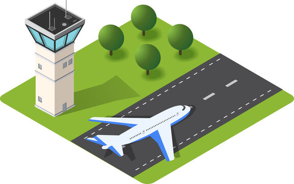 Isometric airport runway with airplane and control tower