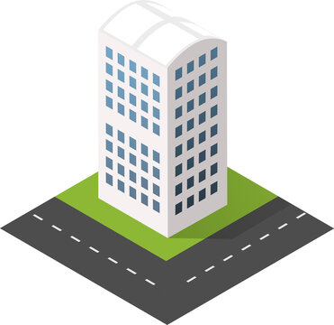 Isometric city block with curved road and modern buildings