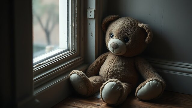 A worn discarded teddy bear in a corner with torn stitching and emerging stuffing.