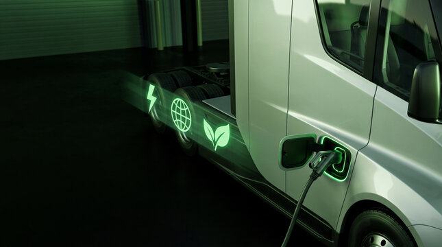 A close up of an electric truck charging port with glowing green energy icons, illustrating sustainable fleet infrastructure at a depot