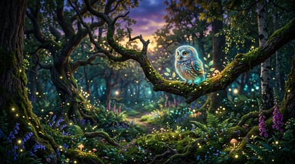 Obraz premium Small glowing owl perched on a mossy tree branch in a magical enchanted forest at twilight time