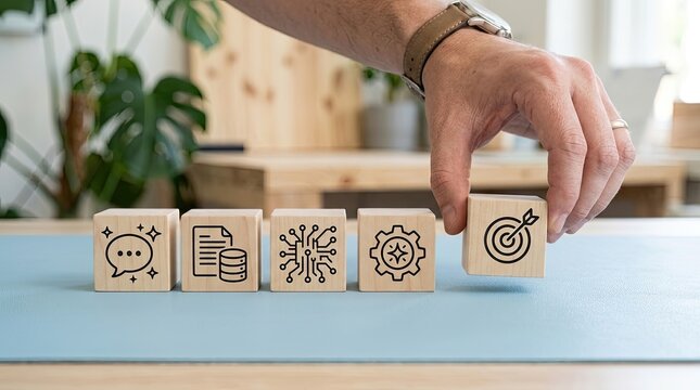 Businessman arranging wooden blocks with icons representing business process, strategy, and achieving goals.