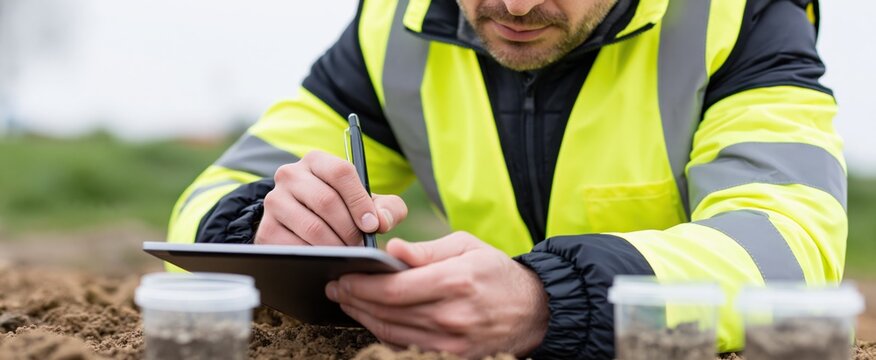 Construction worker in reflective vest records earth samples on tablet for outdoor site analysis.