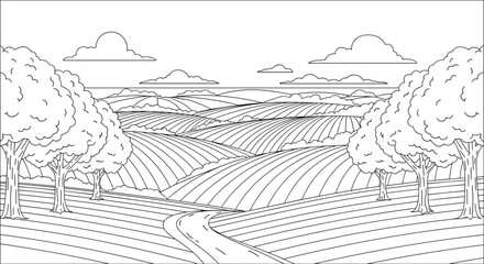 Fototapeta premium Countryside road through rolling agricultural fields and hills with trees outline coloring book page vector.