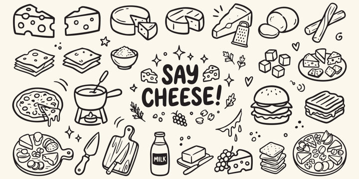 Hand drawn doodles of cheese varieties and related food items with 'Say Cheese' text during a bright day