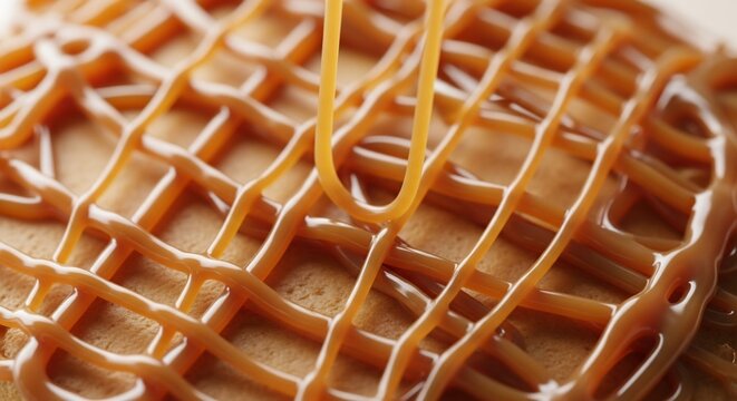 Close-up of caramel waffle with sweet golden syrup drizzled on top
