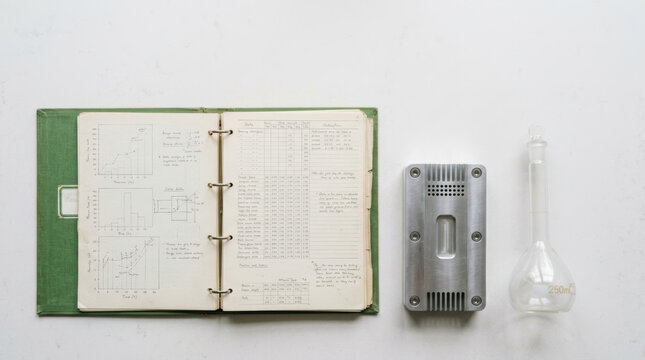 Laboratory notebook medical research notes graphs and measurements open binder with lab equipment