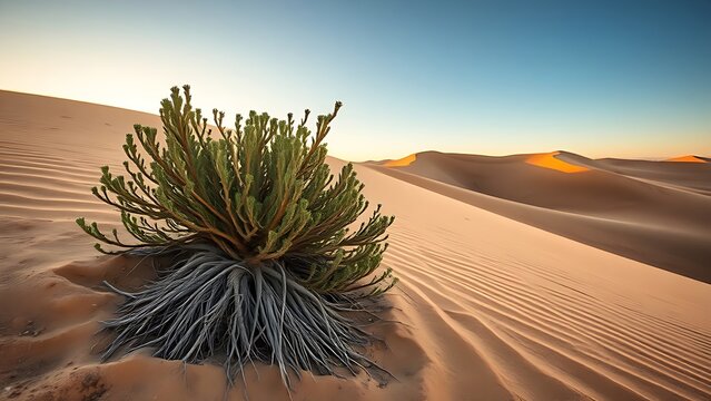 Low desert shrubs on rolling sand dunes during golden hour.