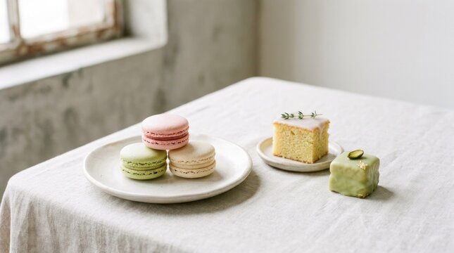 A table with a white tablecloth, featuring a plate of macarons and a slice of cake, with a window in the background.