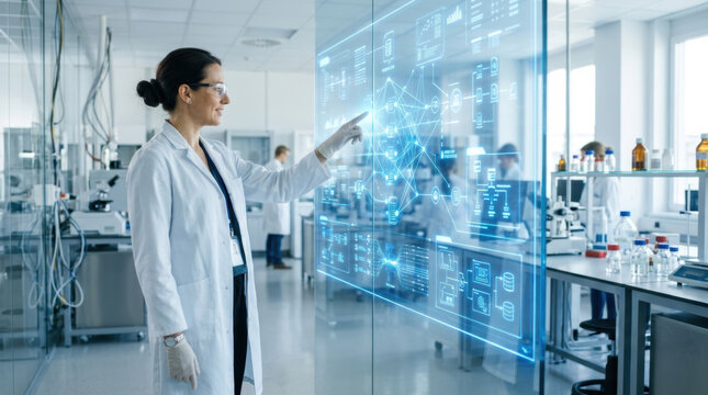 Medical scientist white lab coat using transparent touchscreen displaying data network