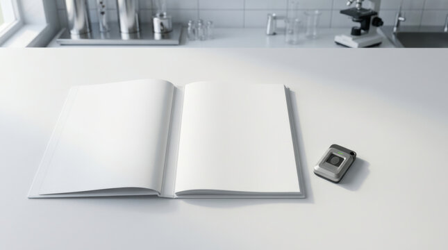 Open book medical blank pages on white lab table with glucometer nearby calm clinical scene