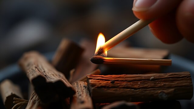 A freshly struck match with a bright flame held above dry kindling wood.