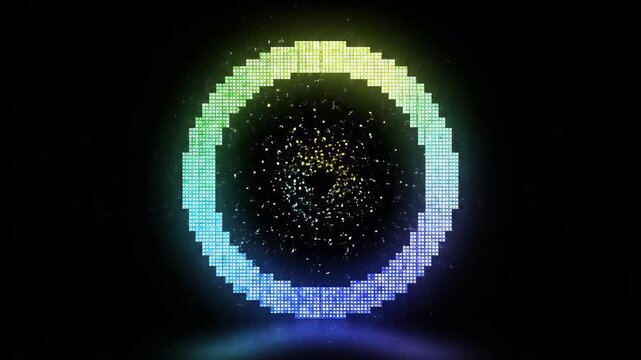 Glowing digital pixel portal with time delay motion effect and particle vortex