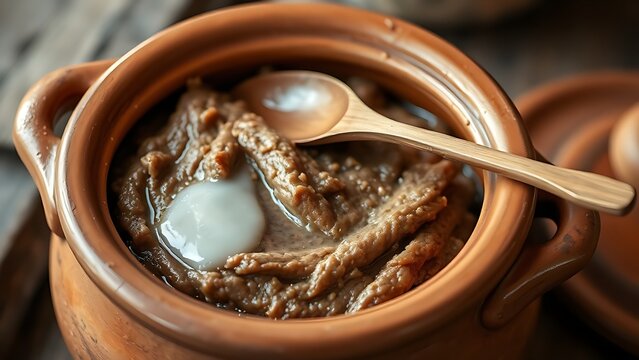 Rustic terracotta pot filled with textured meat paste sealed with white fat, a wooden spoon on the rim.