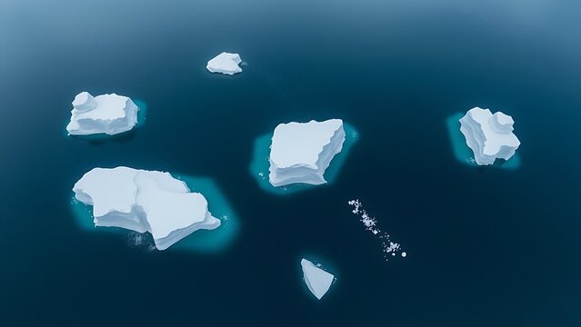Large icebergs floating separately in deep blue arctic water, cold atmosphere.