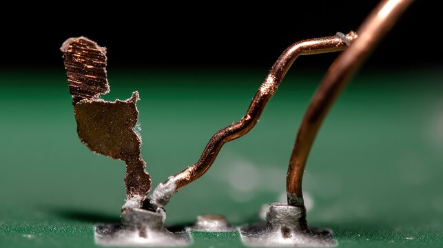junction. Broken electrical circuit on a green board, copper trace severed at a junction. symbolizing technological progress and responsible innovation.