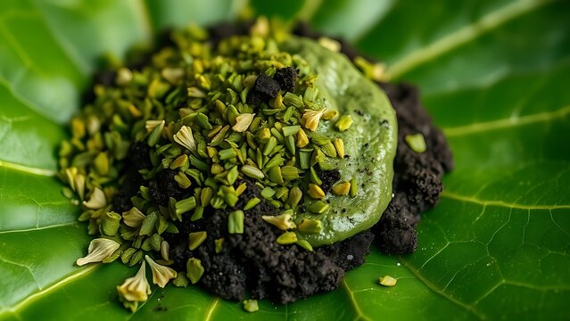 Close-up of crushed green herbs and dark soil paste on a large leaf.